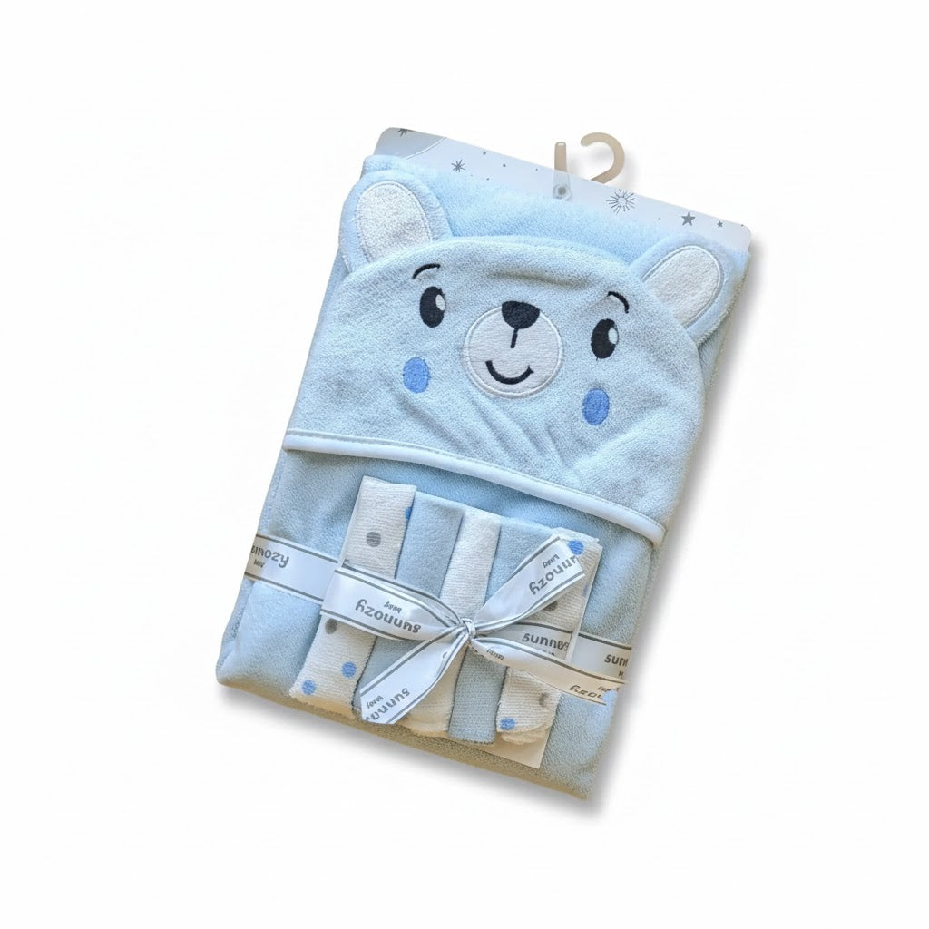 Hooded Bath Towel with 5 Pieces Face Towels | Cute Baby Bear Print