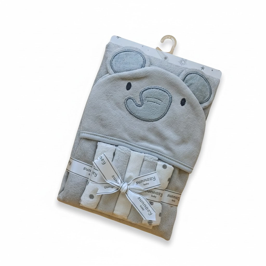 Hooded Bath Towel with 5 Pieces Face Towels | Elephant Print