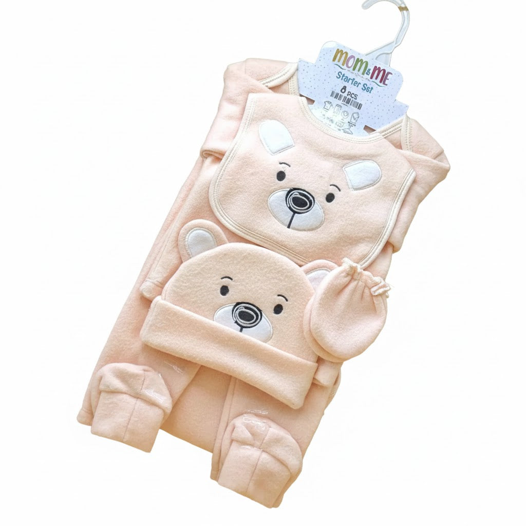 Newborn Baby Starter Set – 8 Pieces | Cozy Winter Wear | Smiling Bear Print