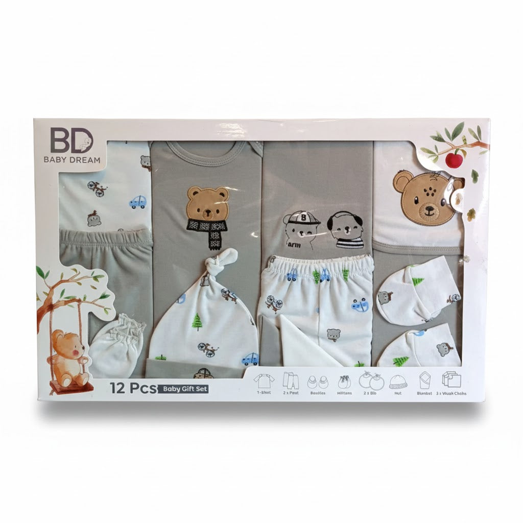Newborn Baby Starter Gift Box – 12 Pieces | Cozy Winter Wear | Bear Print