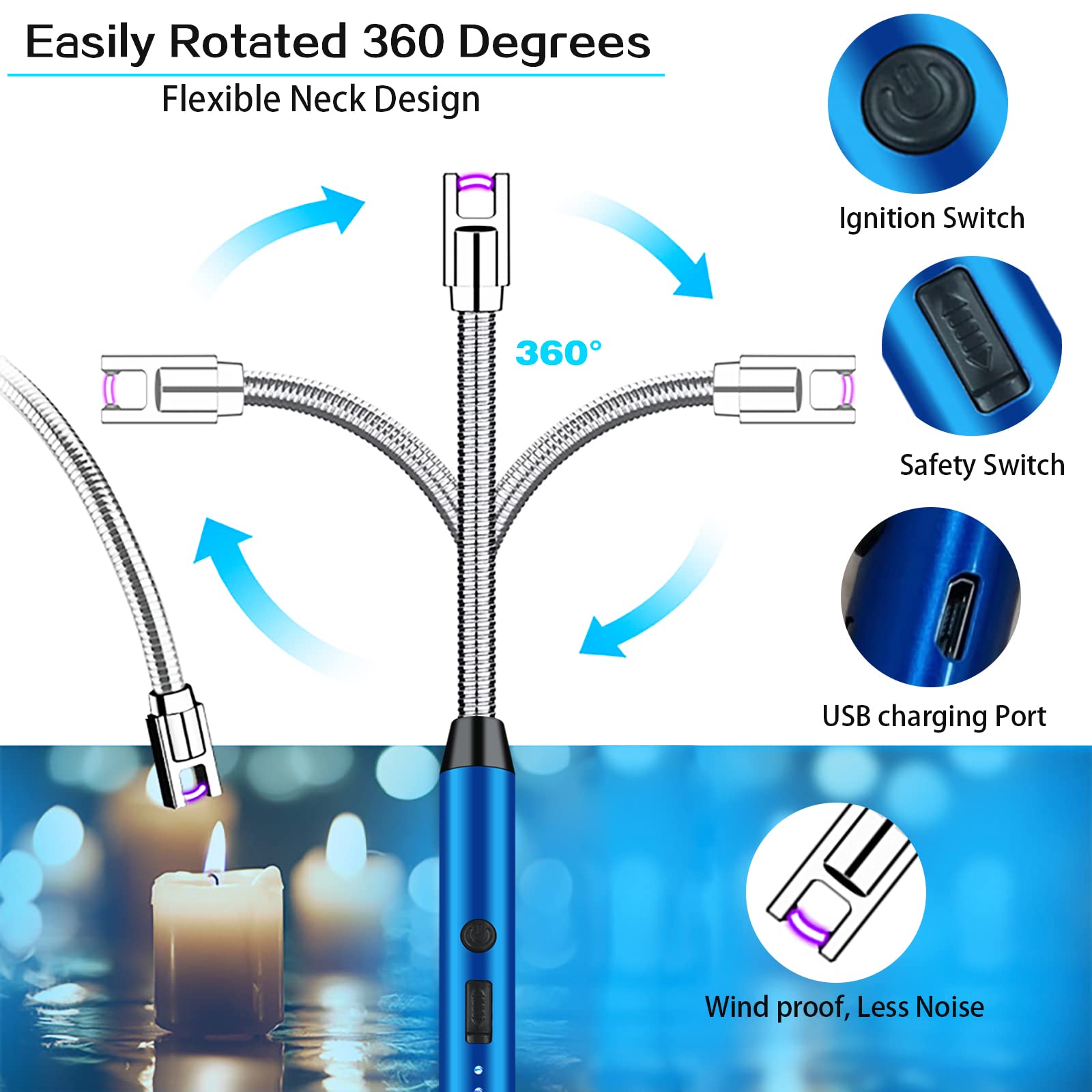 Electric Arc Lighter USB Rechargeable C-Type with 360° Flexible Neck