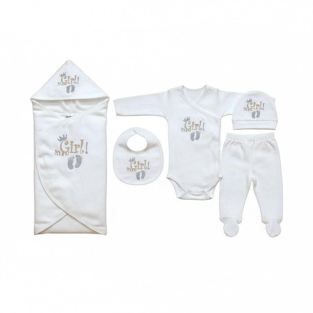 Newborn Baby Starter Set – 5 Pieces | Cozy Winter Wear | It's a Girl Print
