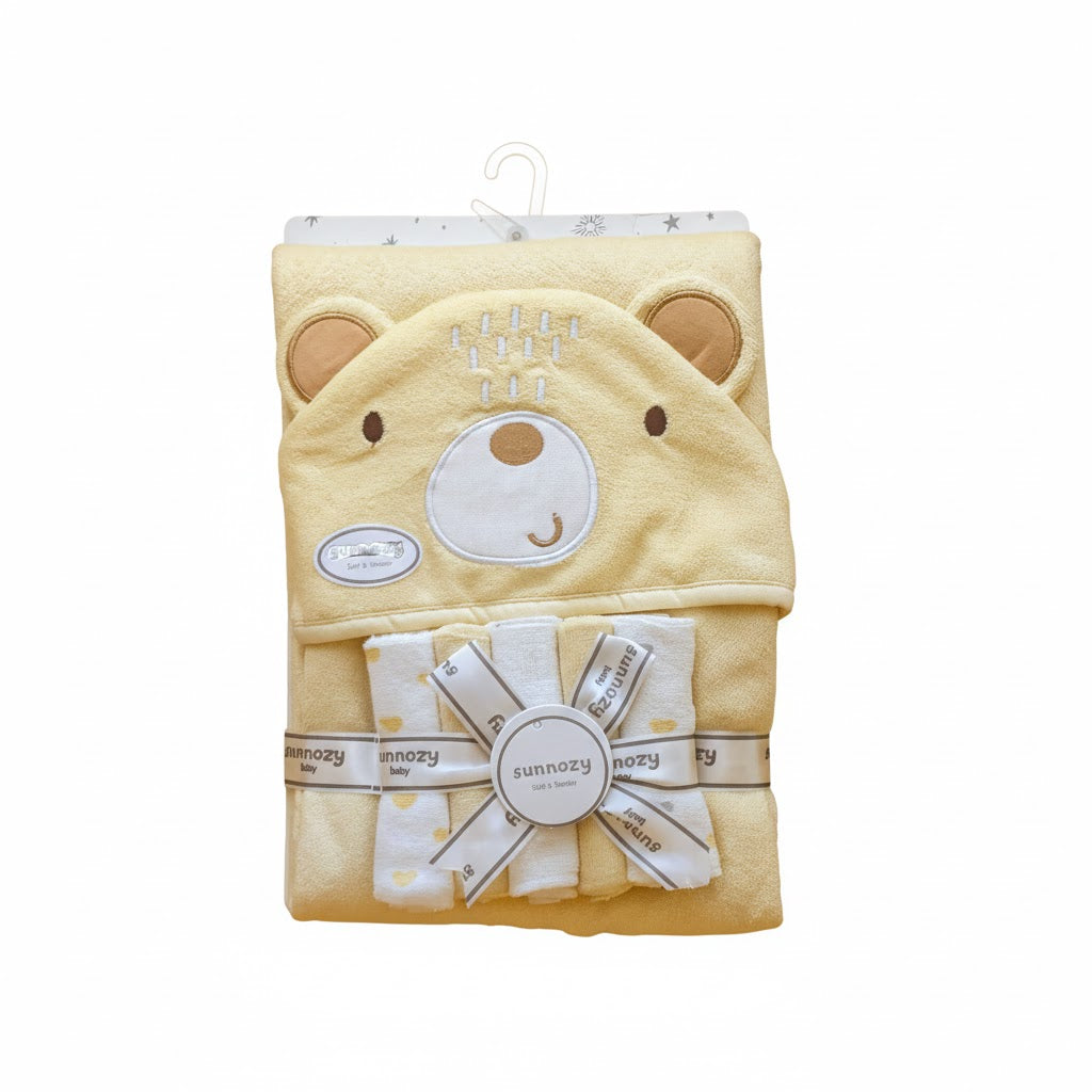 Hooded Bath Towel with 5 Pieces Face Towels | Teddy Bear Print